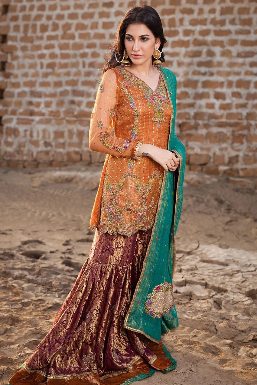 Pakistani designer gharara dress in copper and orange color #B3324
