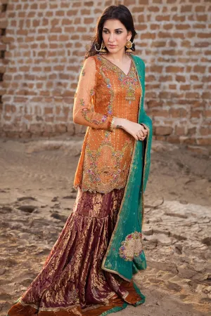 Pakistani designer gharara dress in copper and orange color #B3324