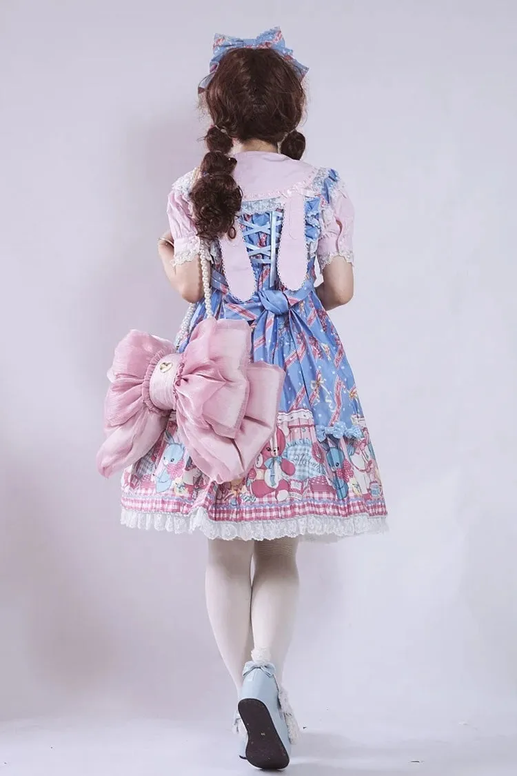 Peach Pink Big Bowknot Metal Heart Nameplate Lolita Backpack