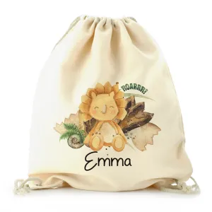Personalised Canvas Drawstring Backpack with Name and Orange Triceratops