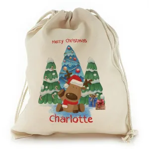 Personalised Canvas Sack with Brush Stroke Text and Christmas Trees Reindeer