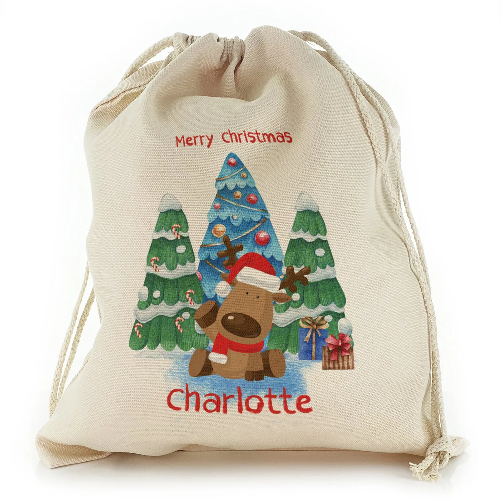 Personalised Canvas Sack with Brush Stroke Text and Christmas Trees Reindeer