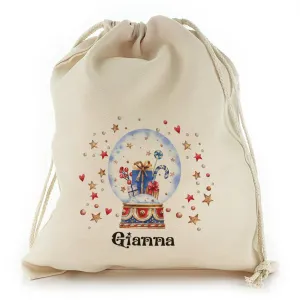 Personalised Canvas Sack with Christmas Text and Present Snow Globe