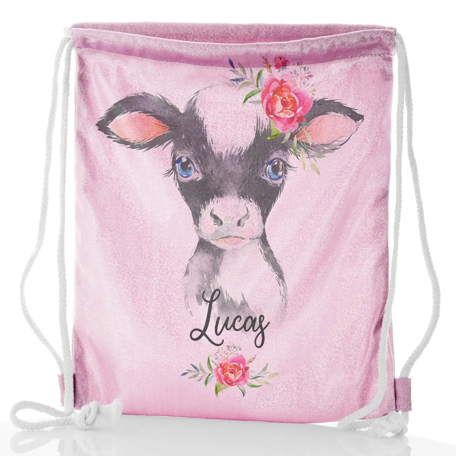 Personalised Glitter Drawstring Backpack with Black and White Cow Pink Rose Flowers and Cute Text
