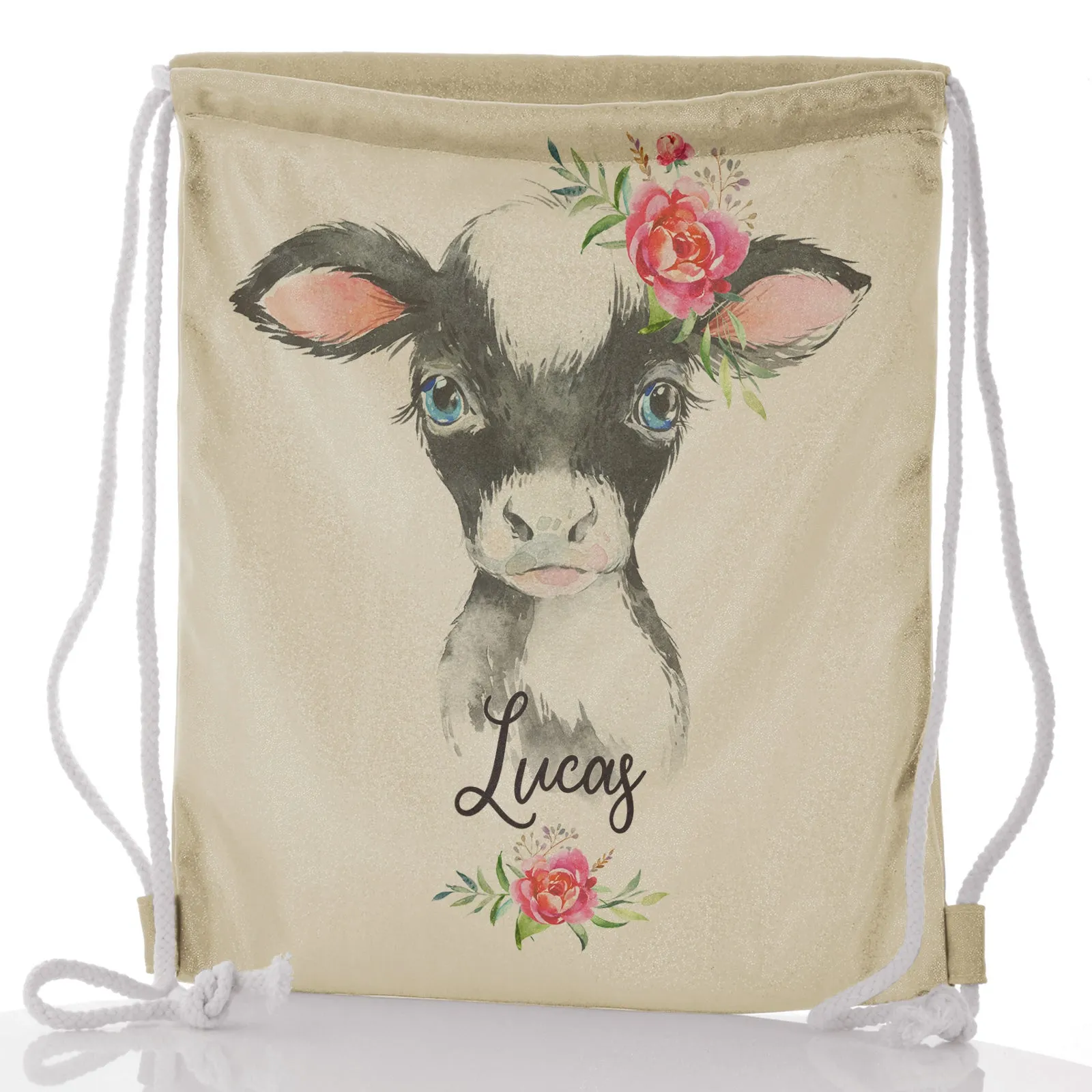 Personalised Glitter Drawstring Backpack with Black and White Cow Pink Rose Flowers and Cute Text