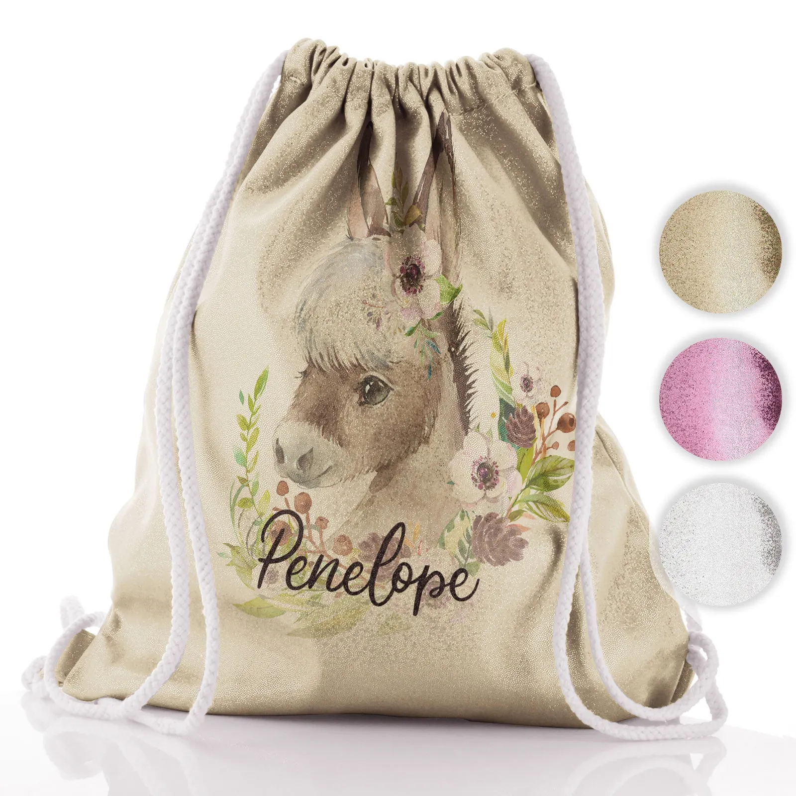 Personalised Glitter Drawstring Backpack with Grey Donkey Pink and White Flowers and Cute Text