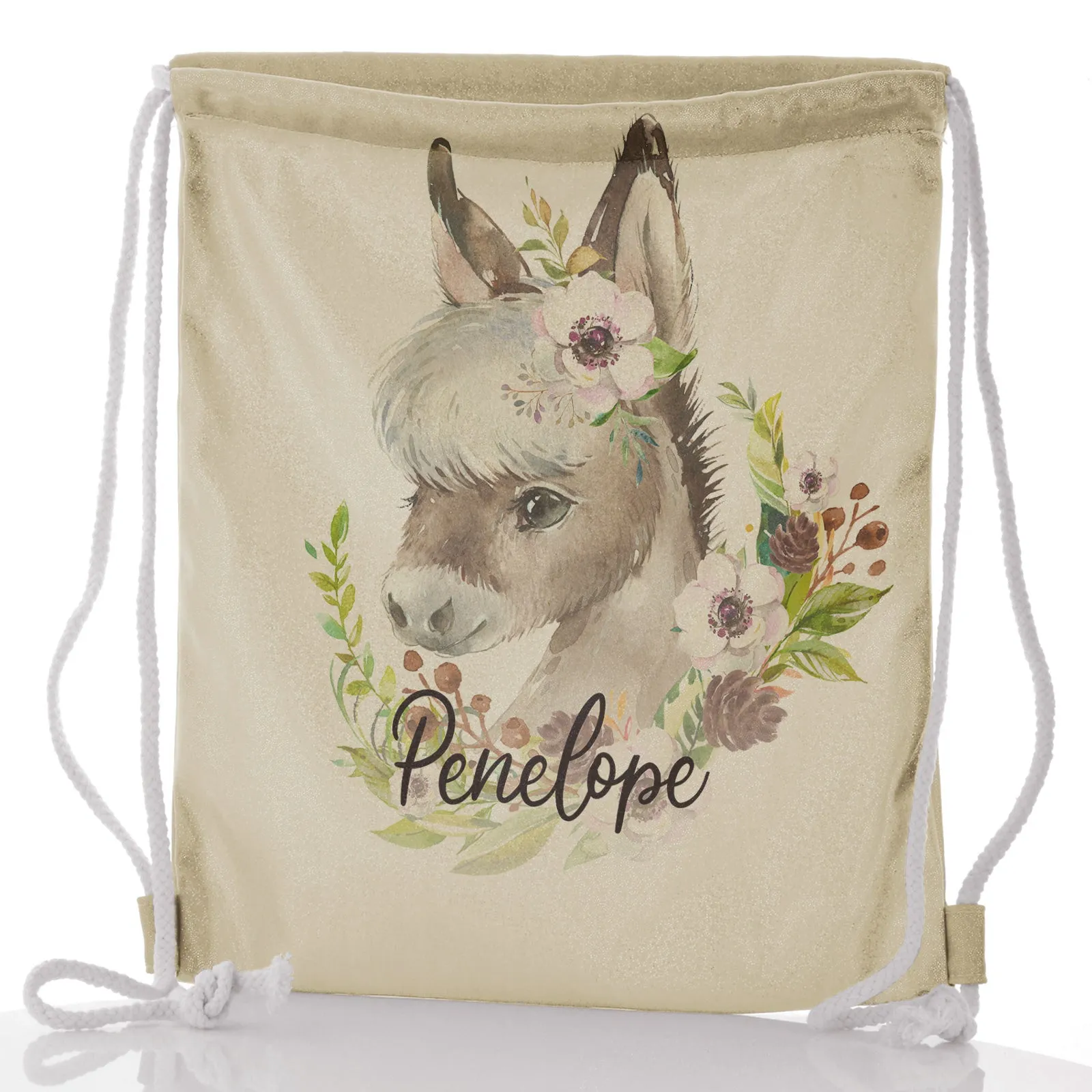 Personalised Glitter Drawstring Backpack with Grey Donkey Pink and White Flowers and Cute Text