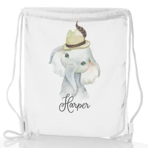 Personalised Glitter Drawstring Backpack with Grey Elephant Feather Hat and Cute Text