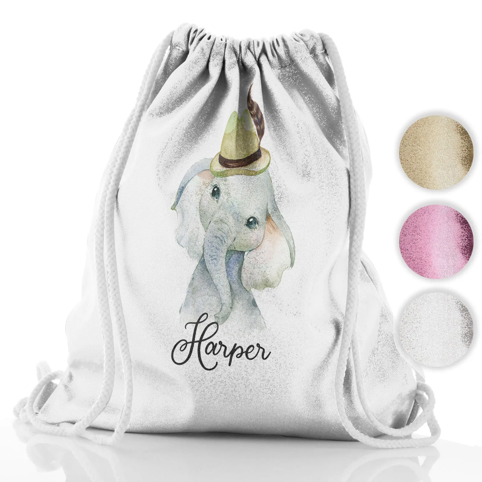 Personalised Glitter Drawstring Backpack with Grey Elephant Feather Hat and Cute Text