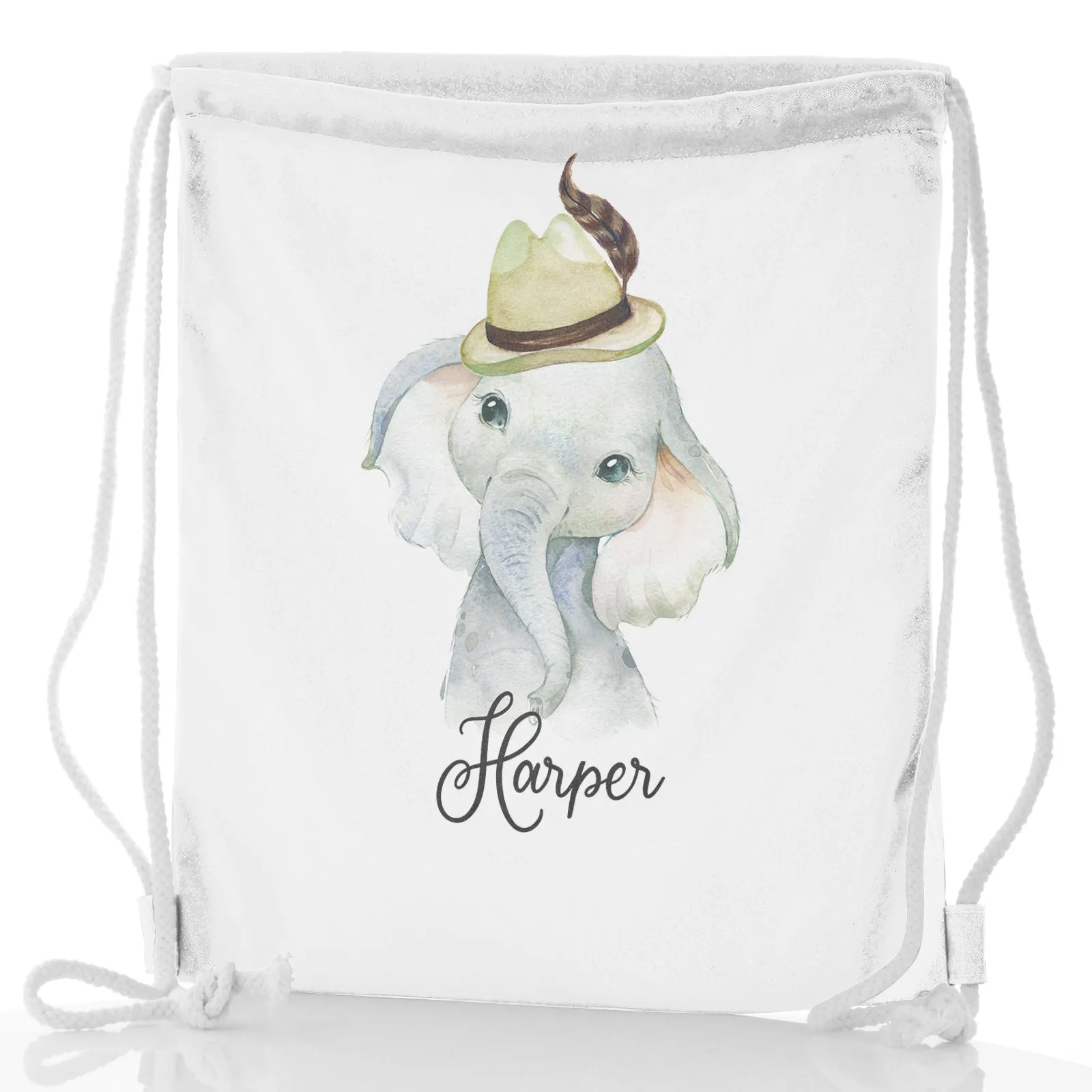Personalised Glitter Drawstring Backpack with Grey Elephant Feather Hat and Cute Text