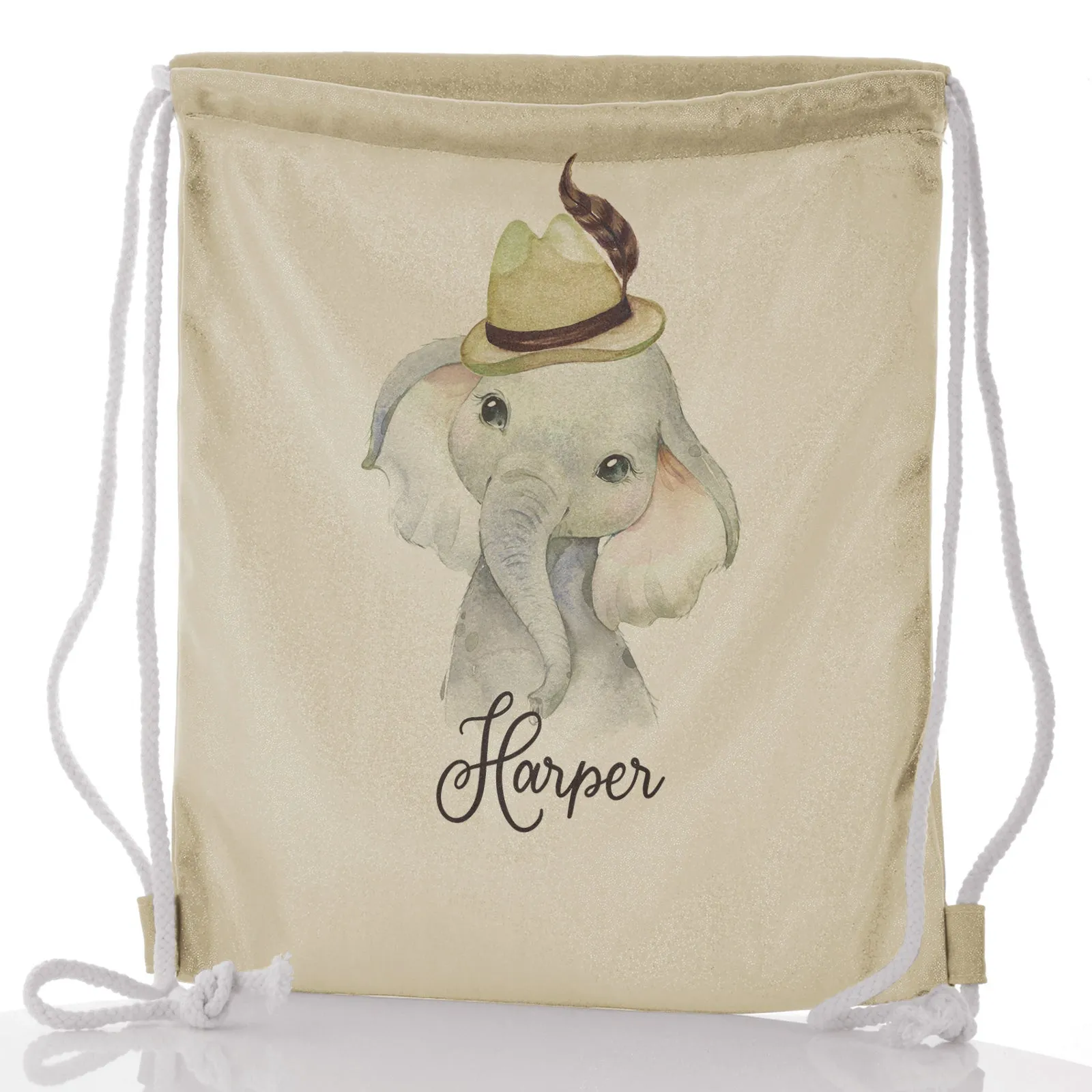 Personalised Glitter Drawstring Backpack with Grey Elephant Feather Hat and Cute Text
