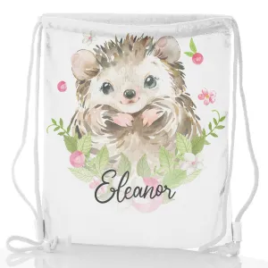 Personalised Glitter Drawstring Backpack with Hedgehog Pink Flowers and Cute Text