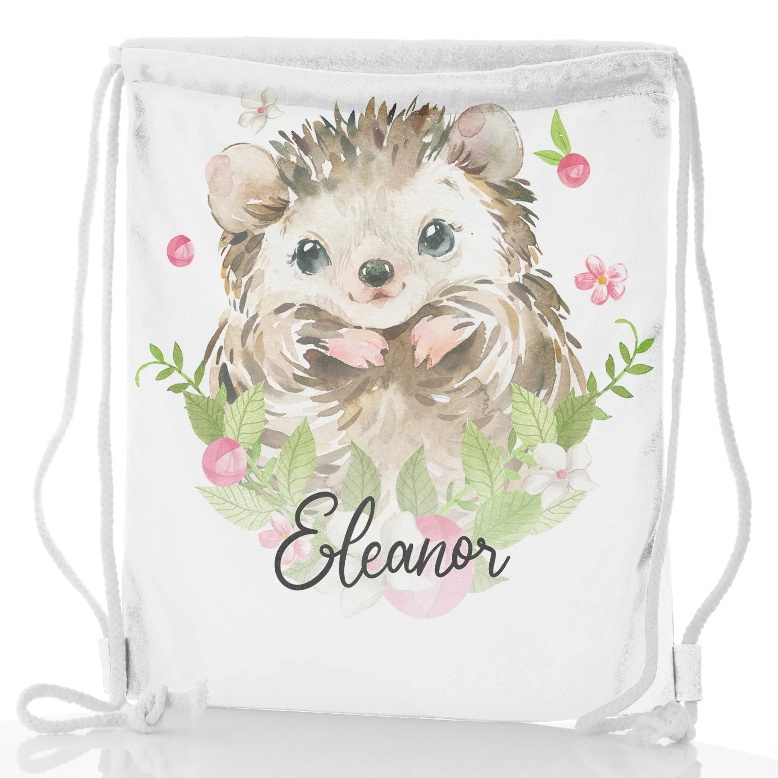 Personalised Glitter Drawstring Backpack with Hedgehog Pink Flowers and Cute Text