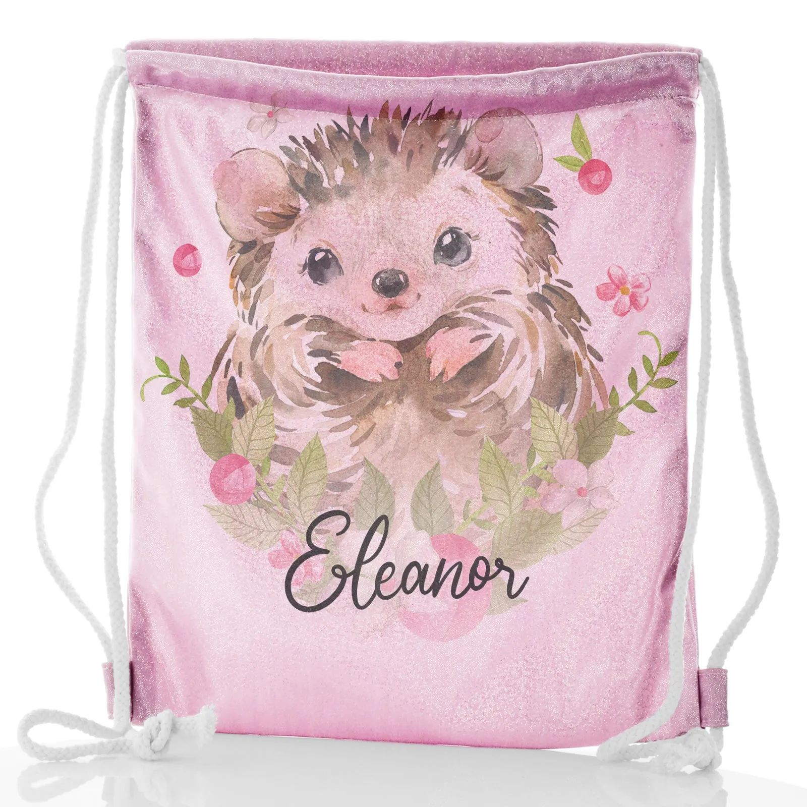 Personalised Glitter Drawstring Backpack with Hedgehog Pink Flowers and Cute Text