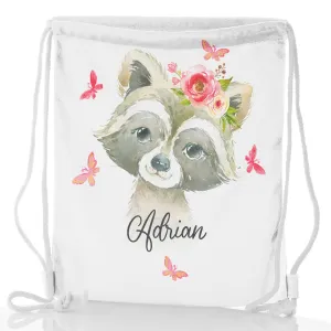 Personalised Glitter Drawstring Backpack with Raccoon Pink Butterfly Flowers and Cute Text