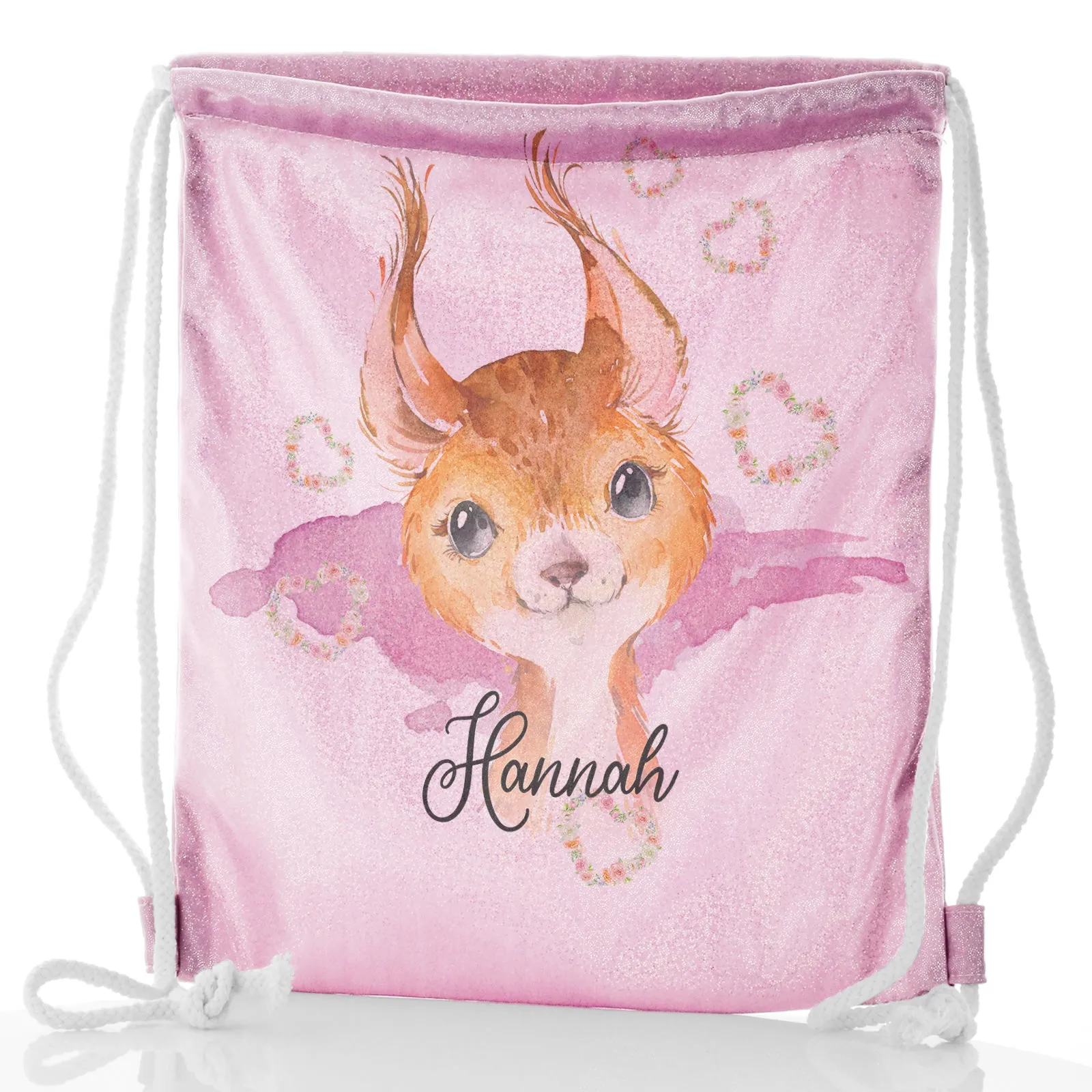 Personalised Glitter Drawstring Backpack with Red squirrel Heart Wreaths and Cute Text