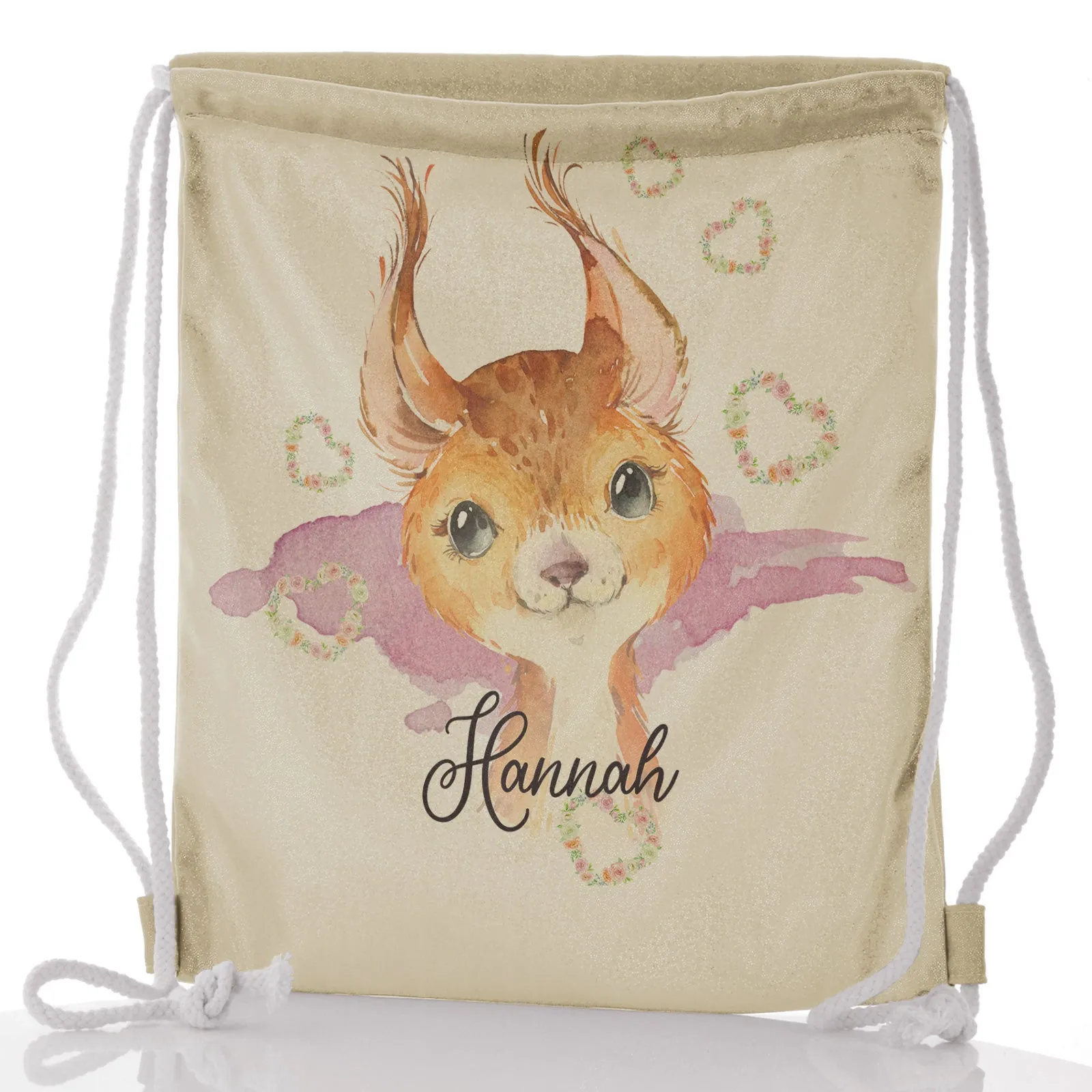 Personalised Glitter Drawstring Backpack with Red squirrel Heart Wreaths and Cute Text