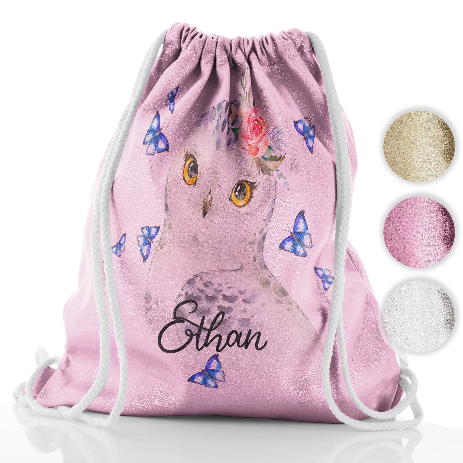 Personalised Glitter Drawstring Backpack with Snow Owl Blue Butterfly and Cute Text