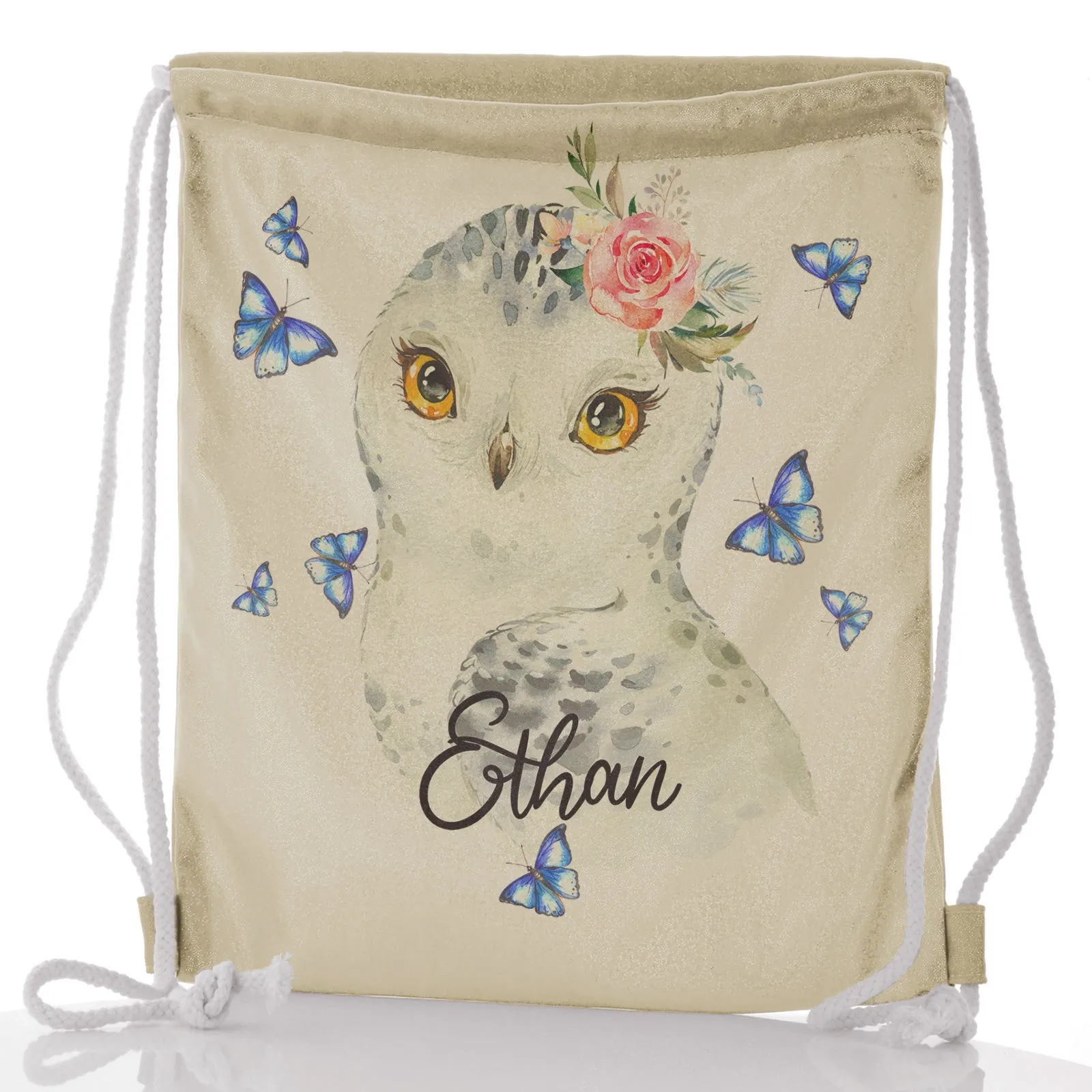 Personalised Glitter Drawstring Backpack with Snow Owl Blue Butterfly and Cute Text