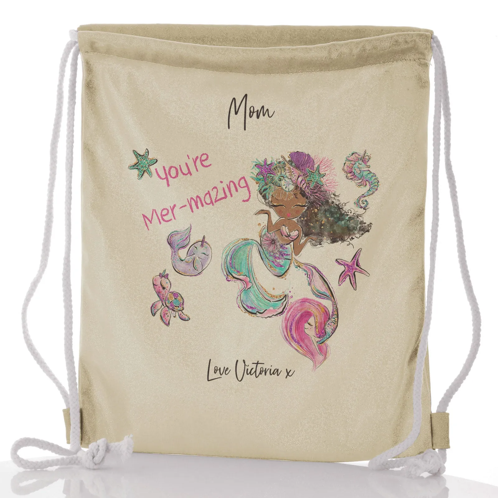 Personalised Glitter Drawstring Backpack with Stylish Text and Mermaid Love Message