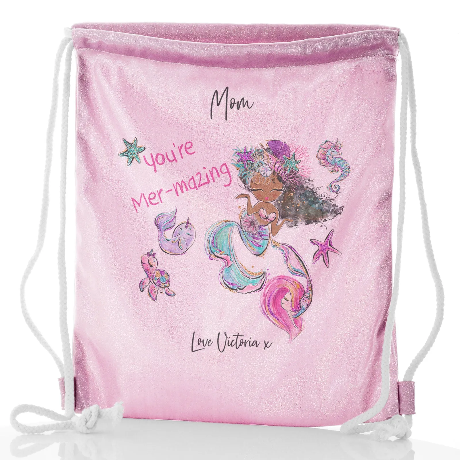 Personalised Glitter Drawstring Backpack with Stylish Text and Mermaid Love Message