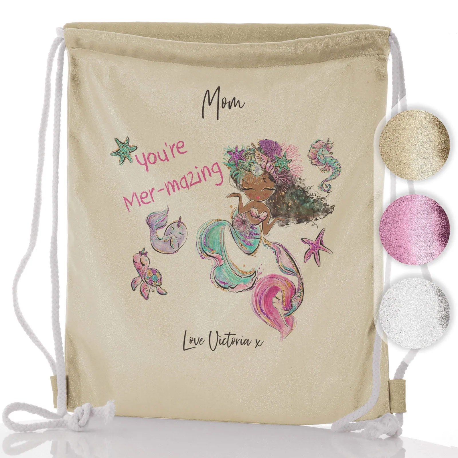 Personalised Glitter Drawstring Backpack with Stylish Text and Mermaid Love Message