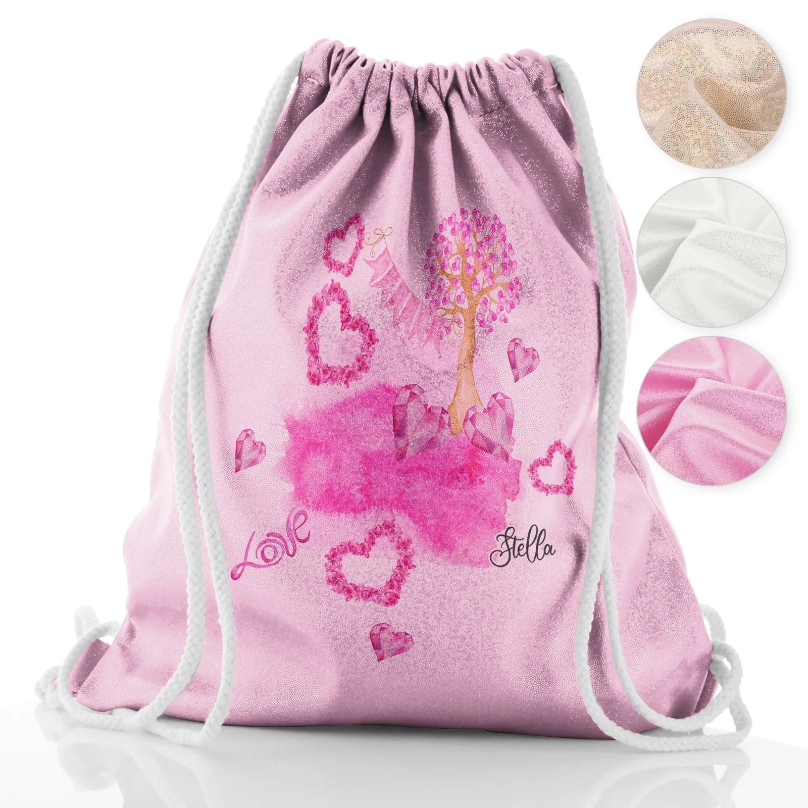 Personalised Glitter Drawstring Backpack with Stylish Text and Pink Love Landscape Print