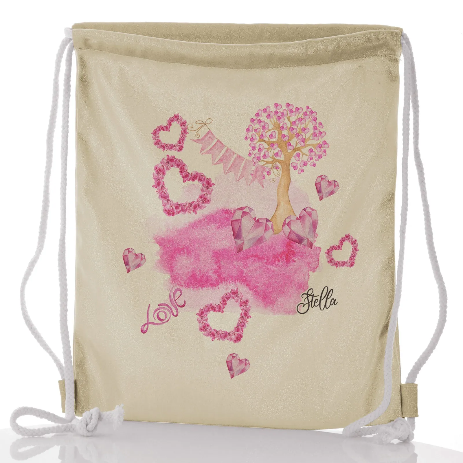 Personalised Glitter Drawstring Backpack with Stylish Text and Pink Love Landscape Print