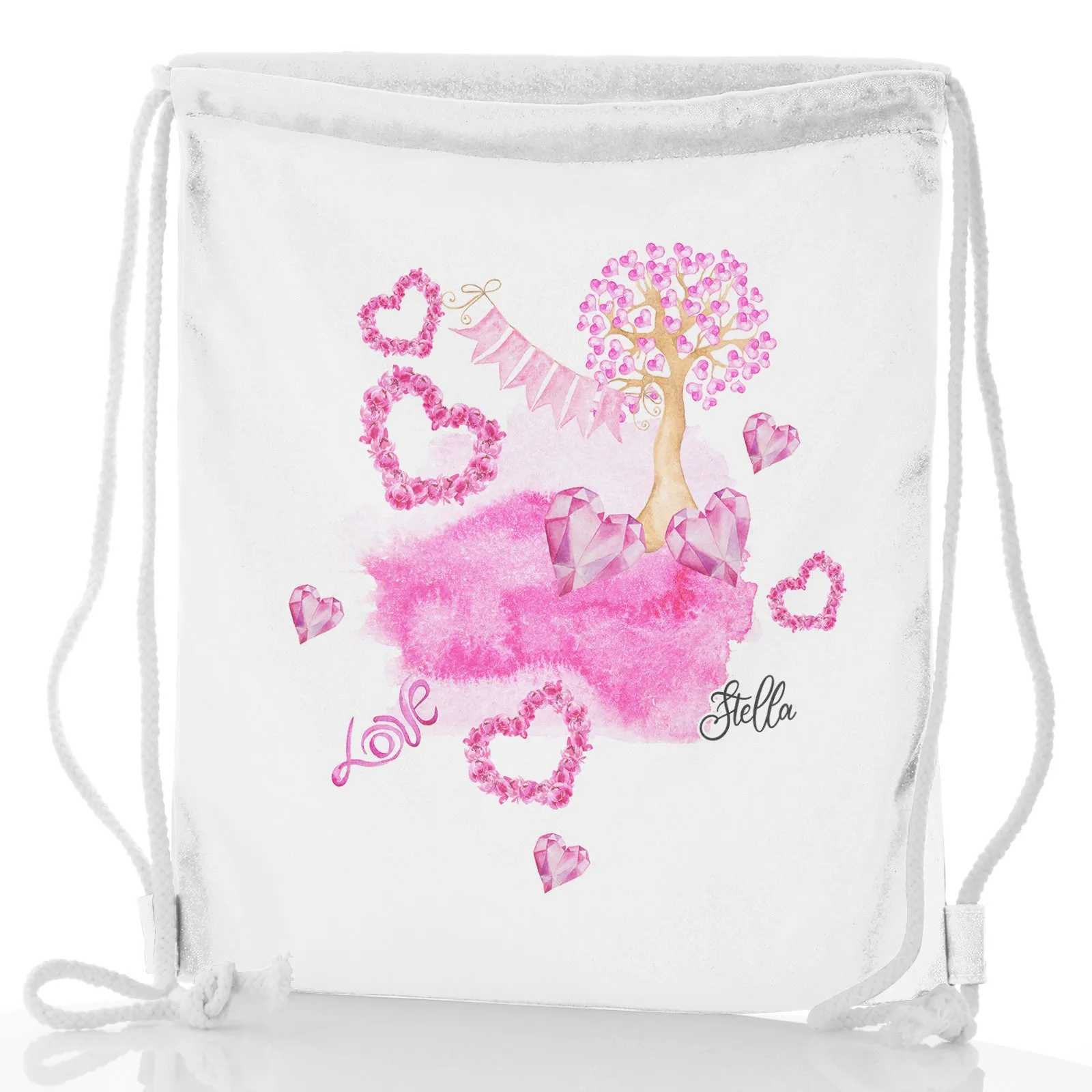 Personalised Glitter Drawstring Backpack with Stylish Text and Pink Love Landscape Print