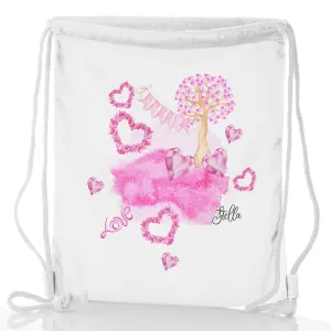 Personalised Glitter Drawstring Backpack with Stylish Text and Pink Love Landscape Print