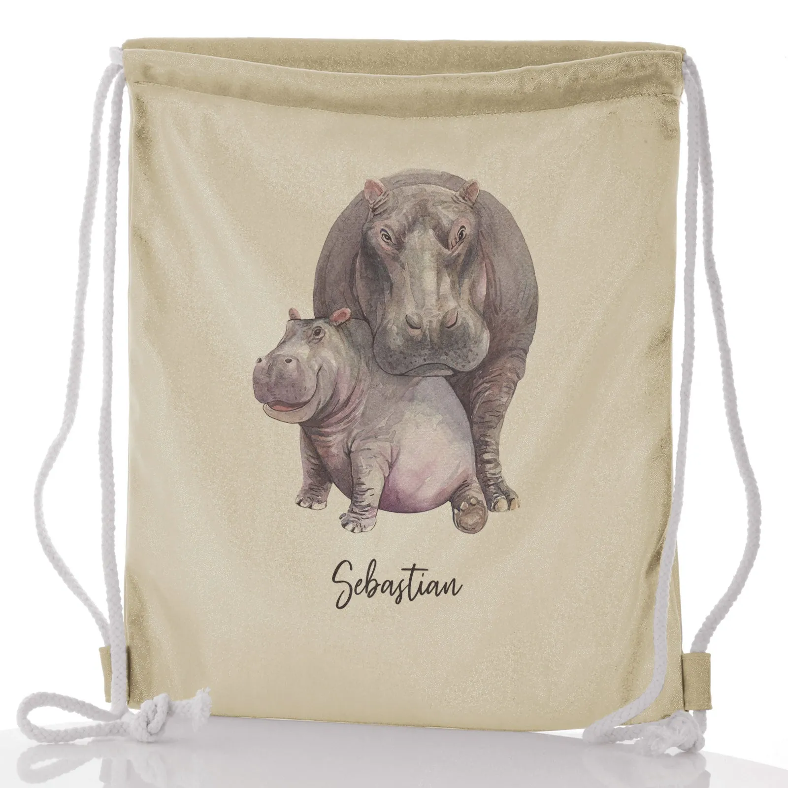 Personalised Glitter Drawstring Backpack with Welcoming Text and Embracing Mum and Baby Hippos