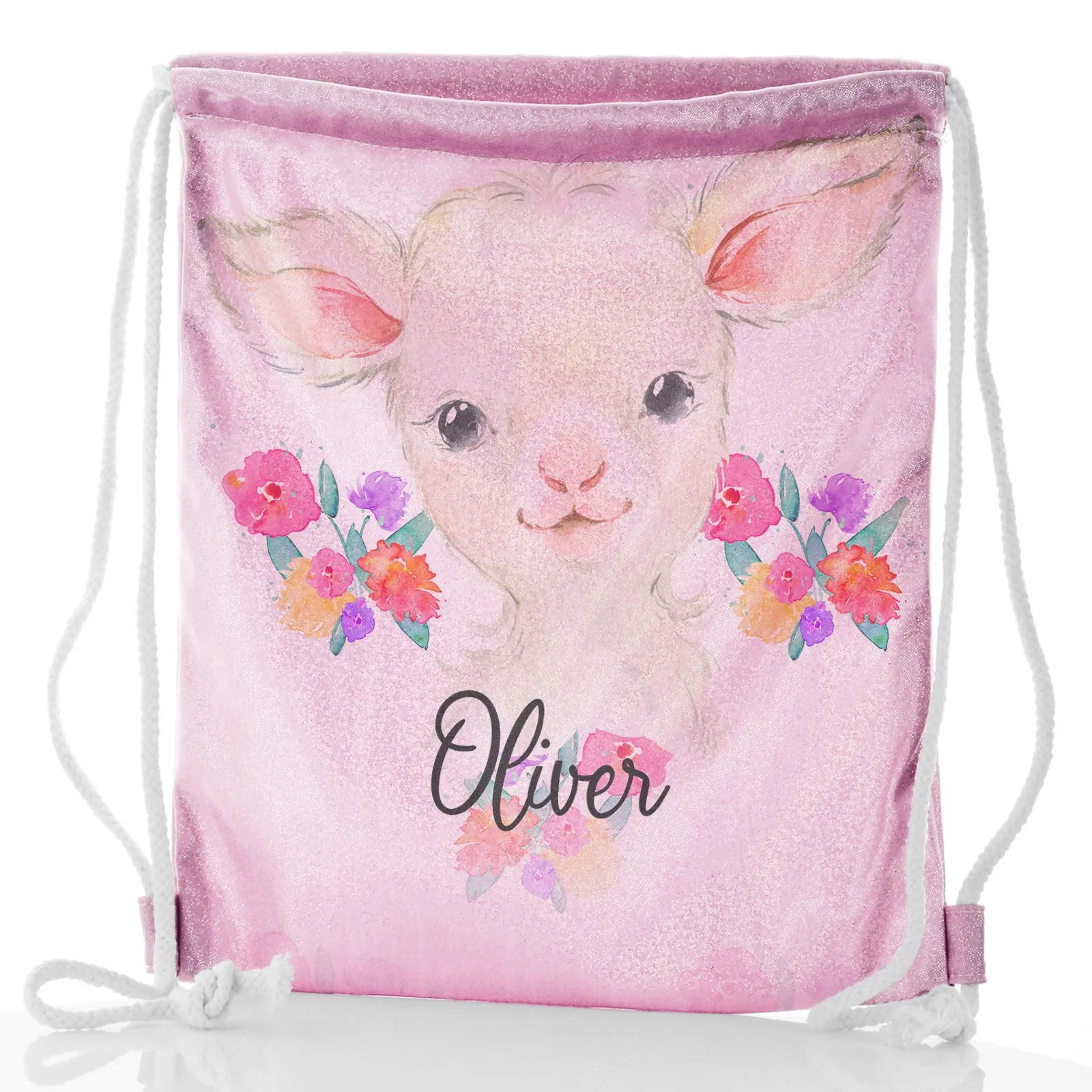Personalised Glitter Drawstring Backpack with White Lamb Flowers and Cute Text