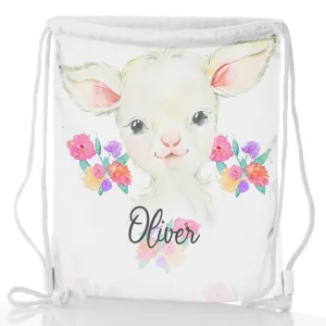 Personalised Glitter Drawstring Backpack with White Lamb Flowers and Cute Text