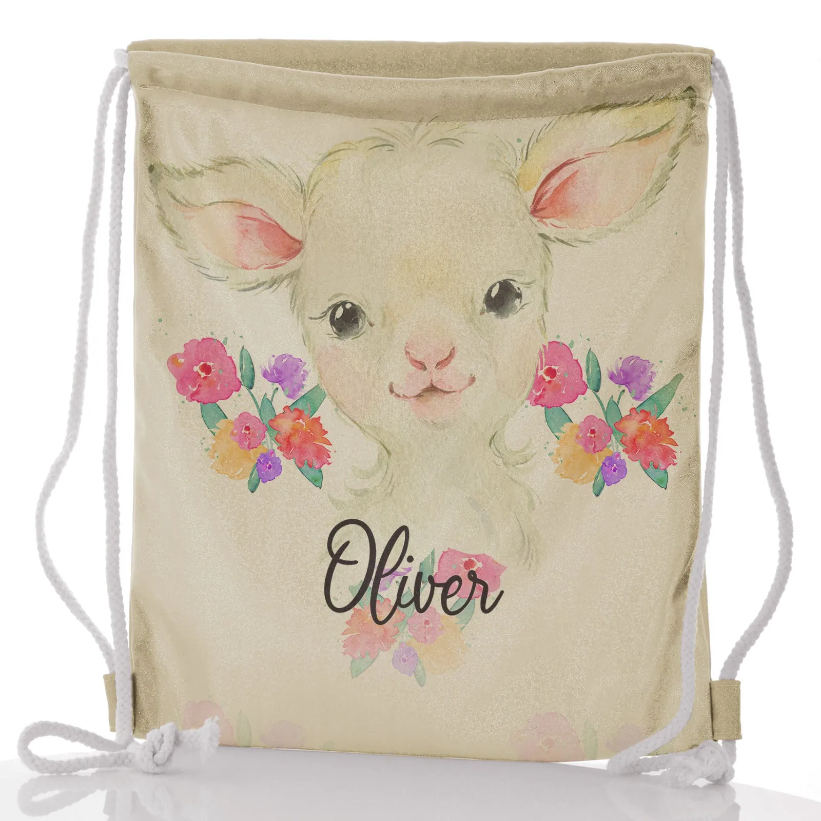 Personalised Glitter Drawstring Backpack with White Lamb Flowers and Cute Text
