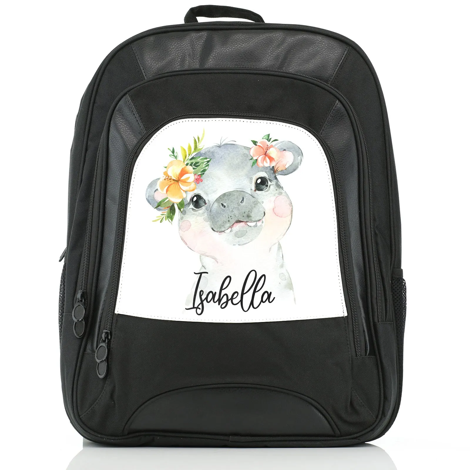 Personalised Rucksack with Hippo Peach Flowers and Cute Text
