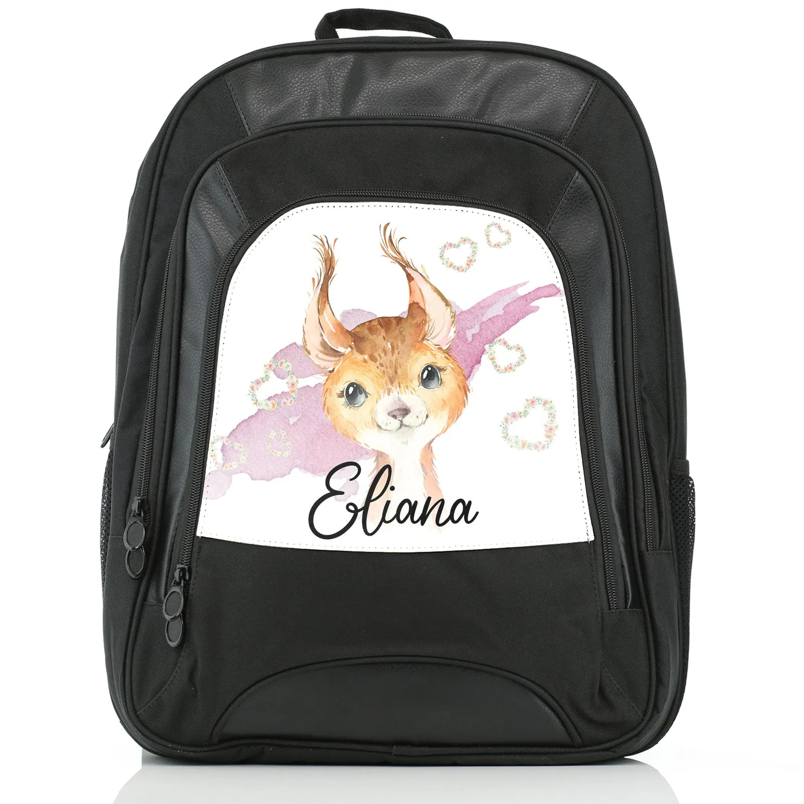 Personalised Rucksack with Red squirrel Heart Wreaths and Cute Text