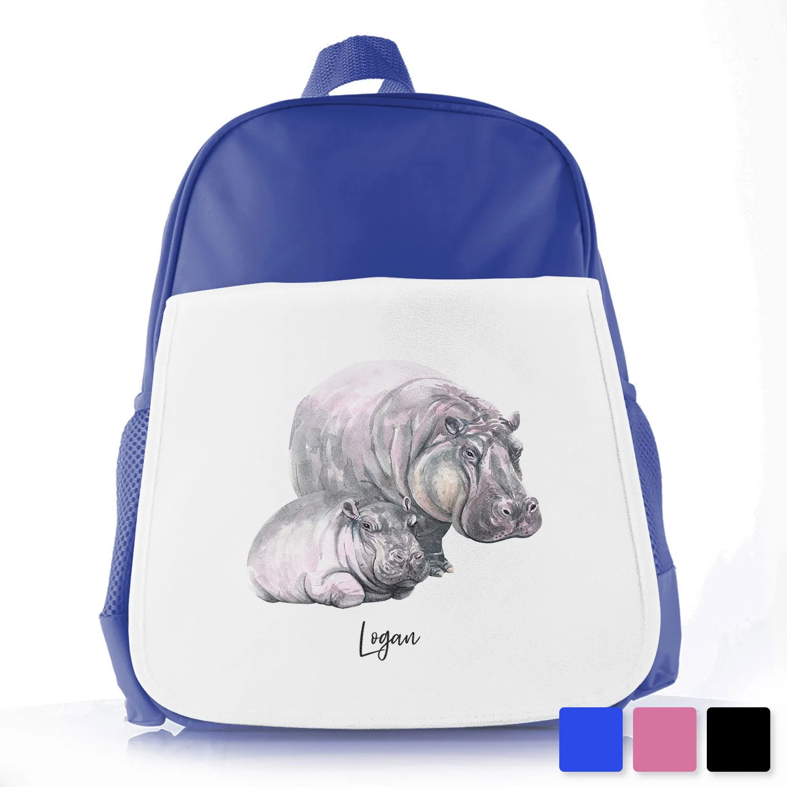 Personalised School Bag with Welcoming Text and Relaxing Mum and Baby Hippos