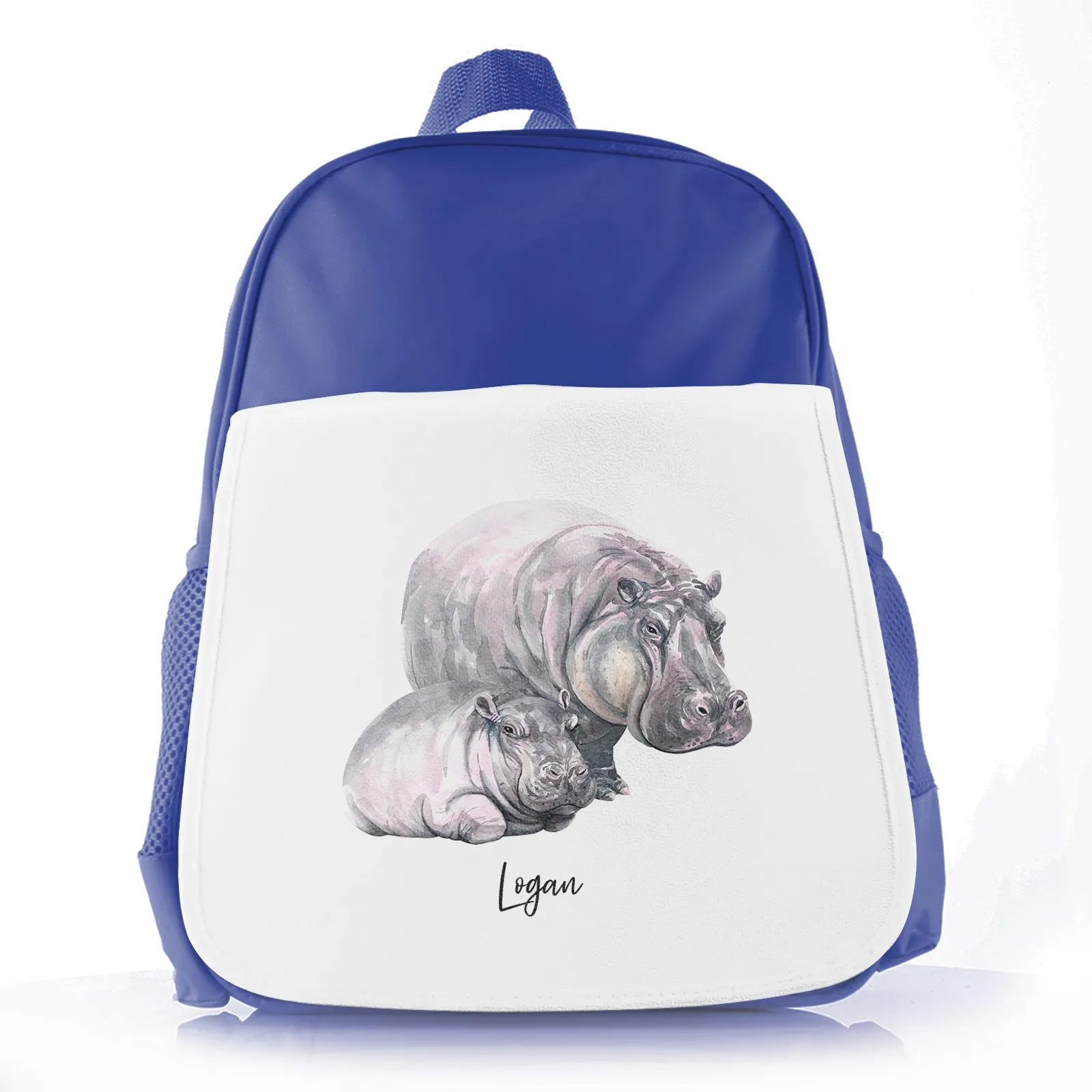 Personalised School Bag with Welcoming Text and Relaxing Mum and Baby Hippos