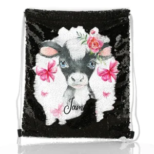 Personalised Sequin Drawstring Backpack with Cow Pink Bows and Cute Text