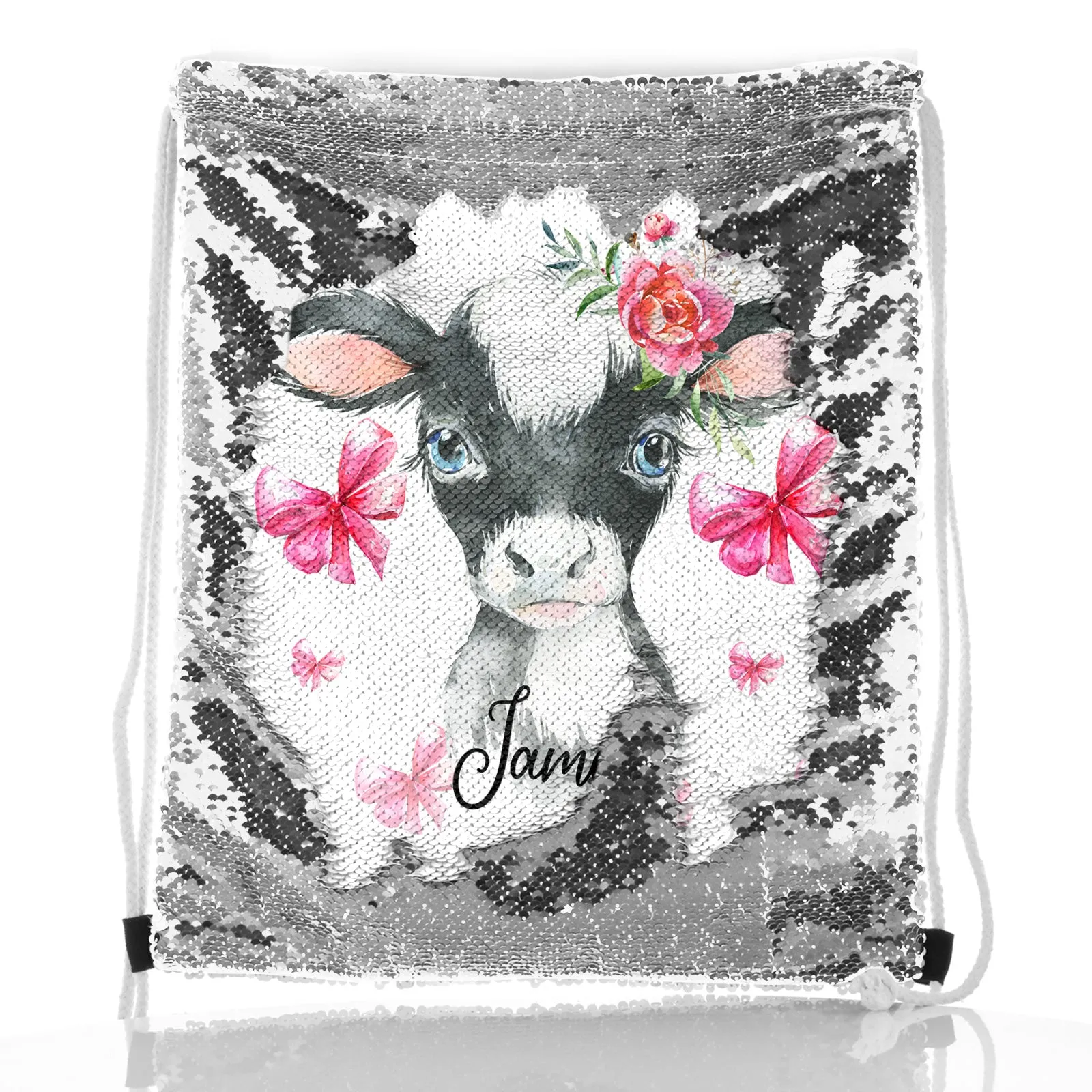 Personalised Sequin Drawstring Backpack with Cow Pink Bows and Cute Text