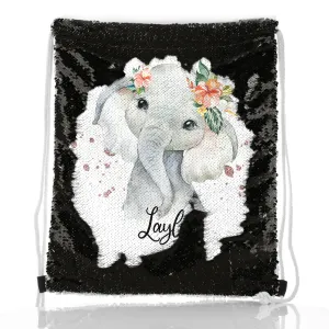 Personalised Sequin Drawstring Backpack with Elephant Rain Drop Glitter Print and Cute Text