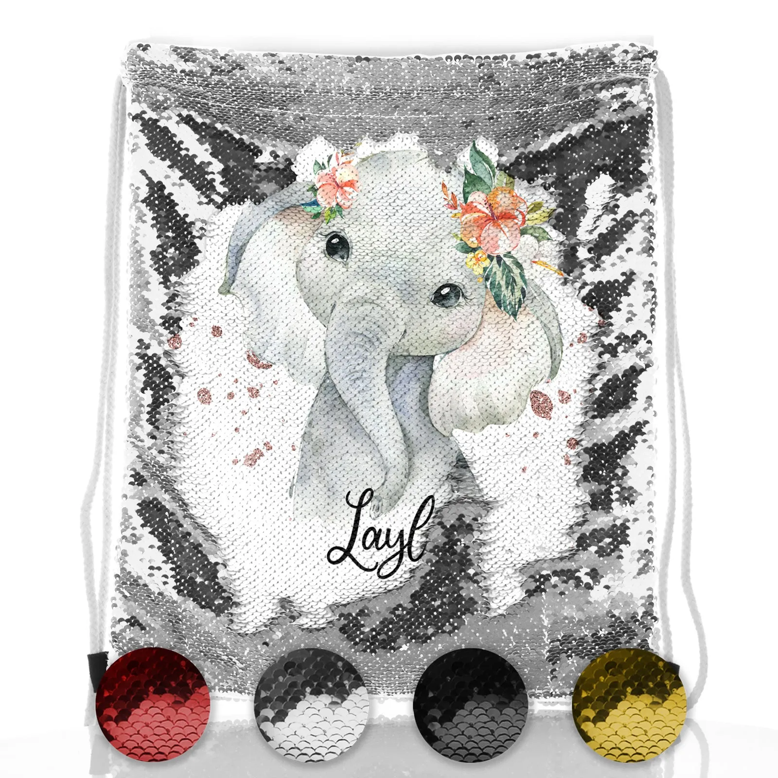 Personalised Sequin Drawstring Backpack with Elephant Rain Drop Glitter Print and Cute Text