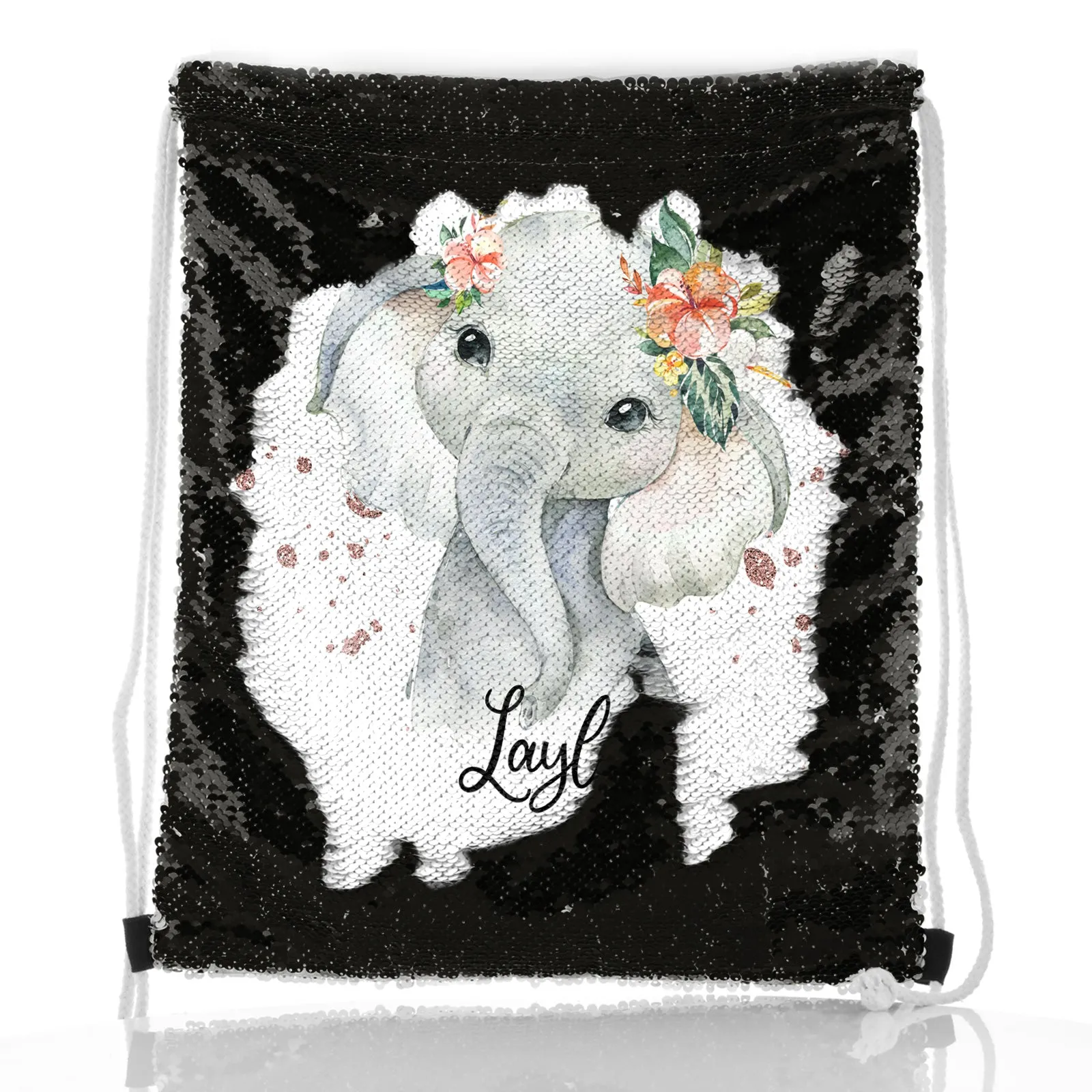 Personalised Sequin Drawstring Backpack with Elephant Rain Drop Glitter Print and Cute Text