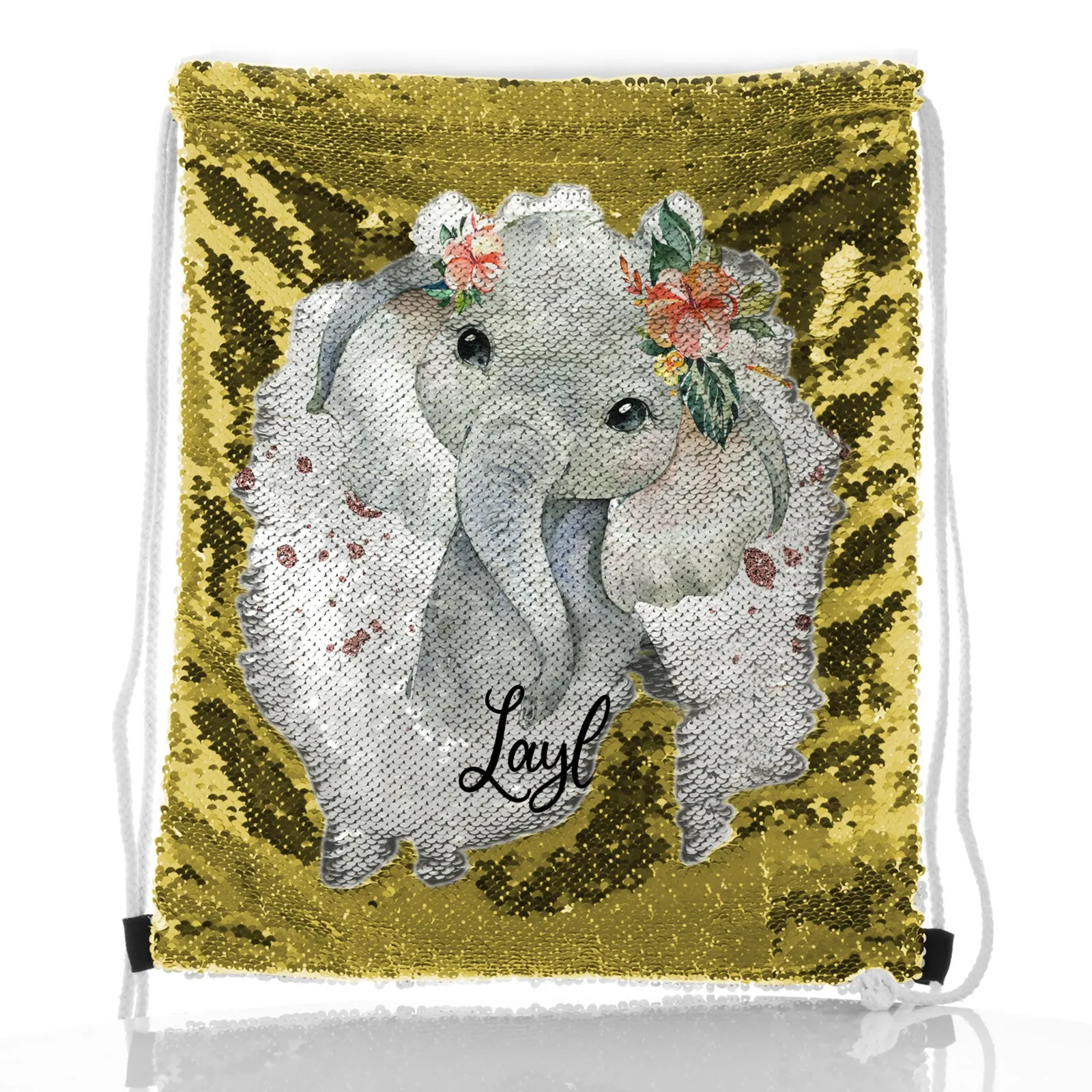 Personalised Sequin Drawstring Backpack with Elephant Rain Drop Glitter Print and Cute Text