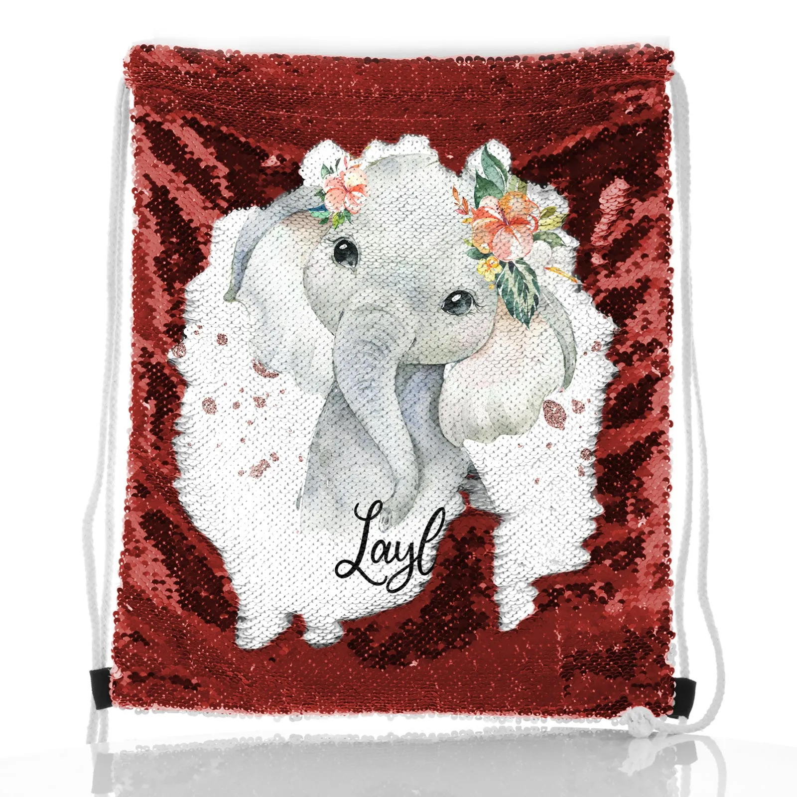 Personalised Sequin Drawstring Backpack with Elephant Rain Drop Glitter Print and Cute Text