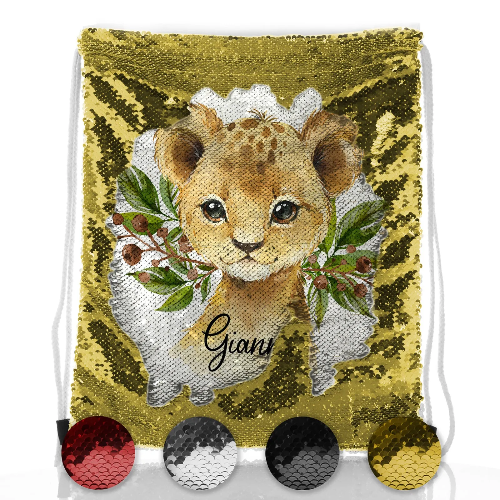 Personalised Sequin Drawstring Backpack with Lion Cub Olive Branch and Cute Text