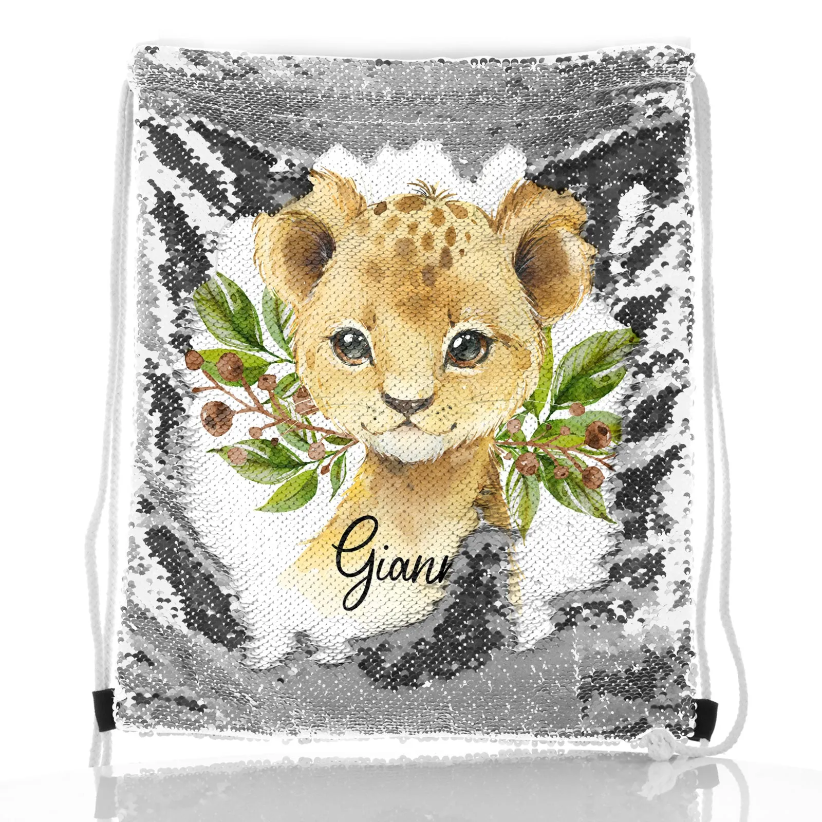 Personalised Sequin Drawstring Backpack with Lion Cub Olive Branch and Cute Text