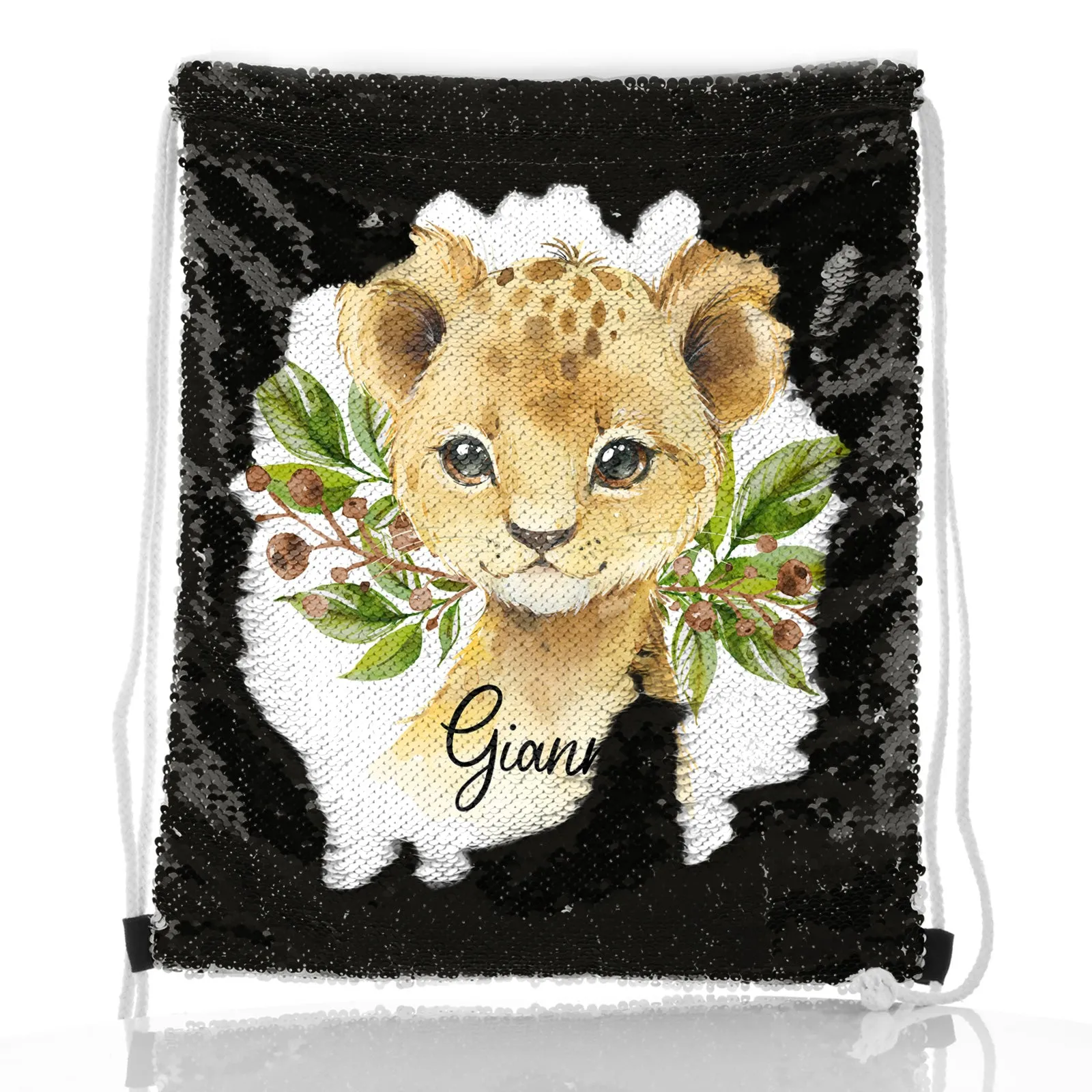 Personalised Sequin Drawstring Backpack with Lion Cub Olive Branch and Cute Text