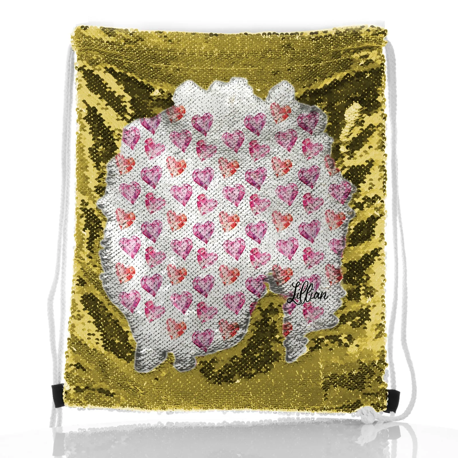 Personalised Sequin Drawstring Backpack with Stylish Text and Crystal Hearts Print