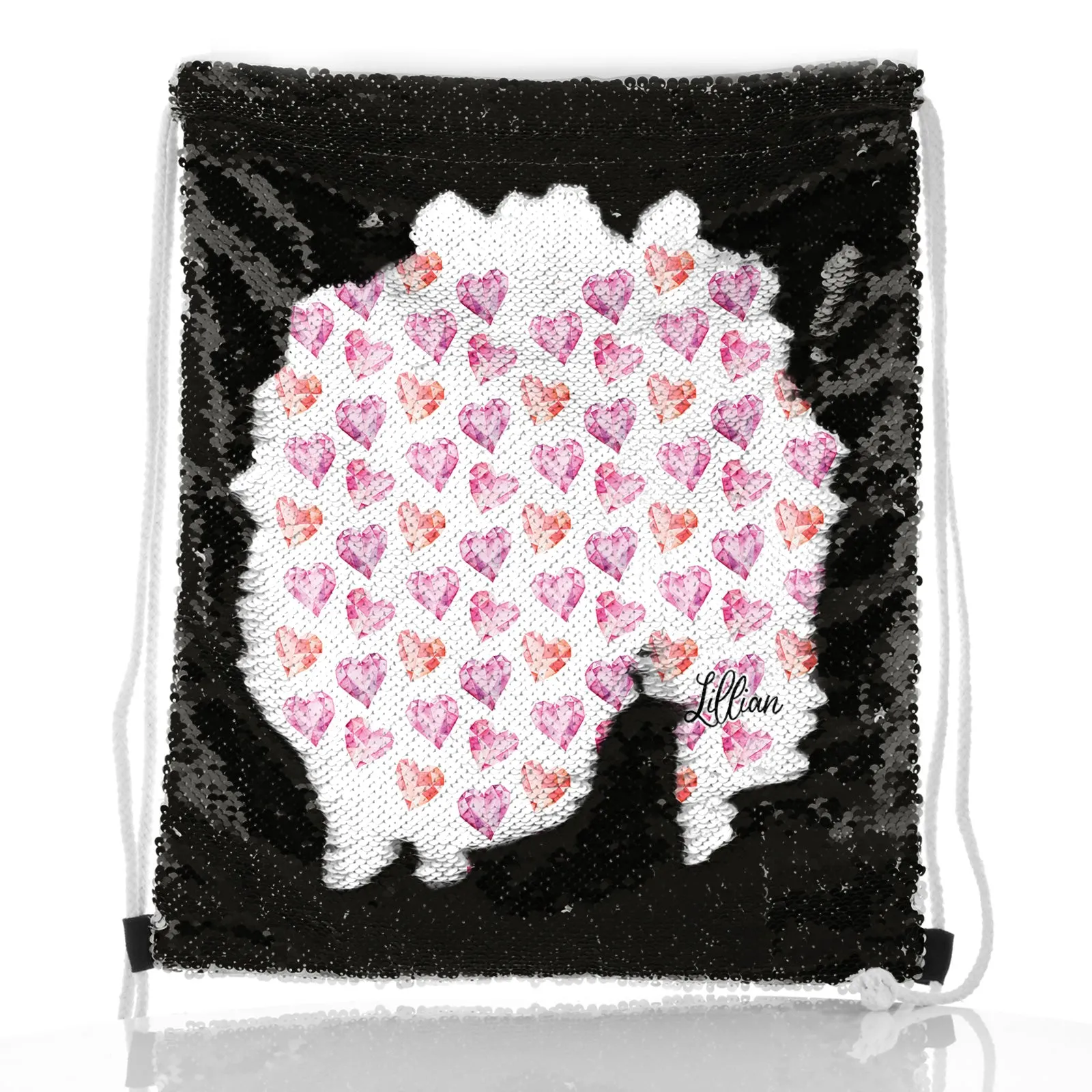 Personalised Sequin Drawstring Backpack with Stylish Text and Crystal Hearts Print